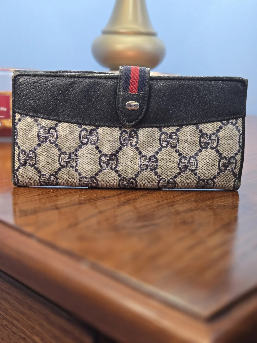 Vintage Gucci GG Canvas Sherry Line Wallet Black Leather Trim Italy Authentic - Picture 1 of 16